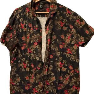 Men's Floral Print Short-Sleeve Button-Up Shirt Black M Casual Summer